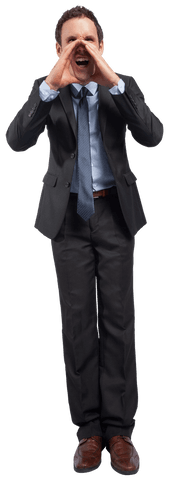 Transparent Businessman Shouting Enthusiastically with Hands Cupped