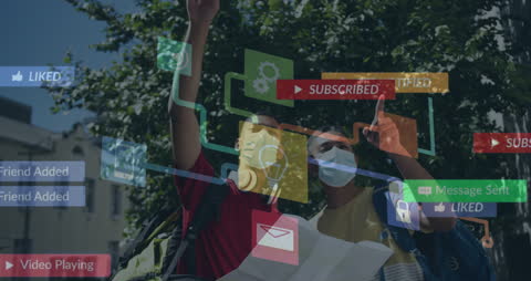 Friends Exploring City During Pandemic with Social Media Overlay