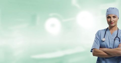 Confident Female Doctor in Scrubs with Stethoscope in Hospital