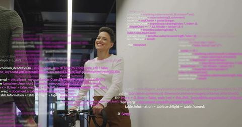 Smiling developer pushing bicycle through modern office with projected code overlay