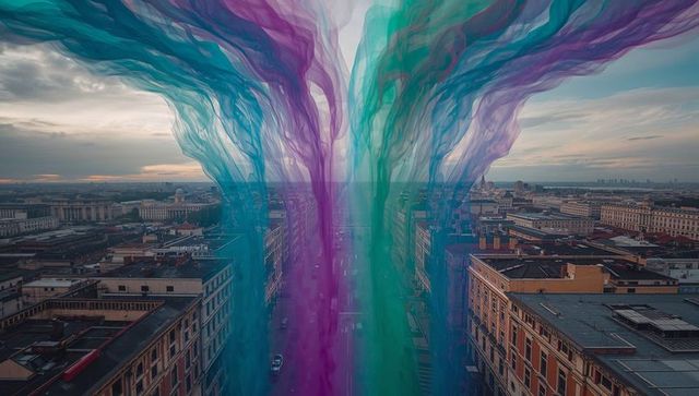Flowing Teal and Purple Ribbons Billowing Down Aerial Urban Avenue During Sunset