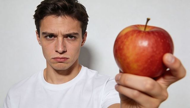 Serious young man holding red apple toward camera offering choice and direct stare