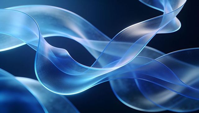 Luminous blue glass ribbons dancing in layered abstract waves with subtle striations