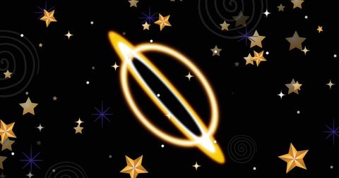 glowing yellow shapes intertwined with stars float against a deep black background, creating an abstract and cosmic visual. this design could be utilized for various creative digital projects such as futuristic backgrounds, presentations focusing on space themes, or as an artistic element in video game designs.