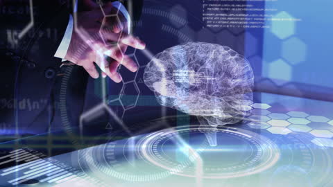 Digital Brain Interface with Businessman Analyzing Data