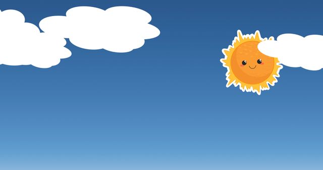 Illustrative image of white clouds and sun with anthropomorphic smiley face against blue background. Yellow, vector, abstract, sky and nature concept.
