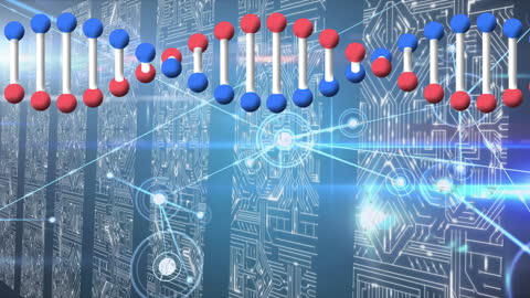 Digital DNA Strand Over Circuitry Representing Tech Innovation