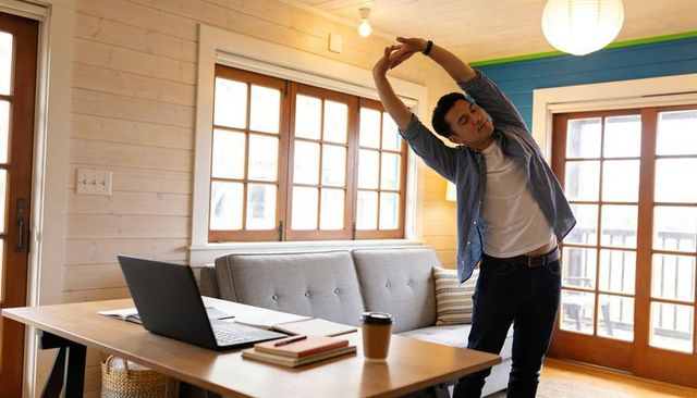 Remote worker stretching at home workstation during midday break with laptop and coffee