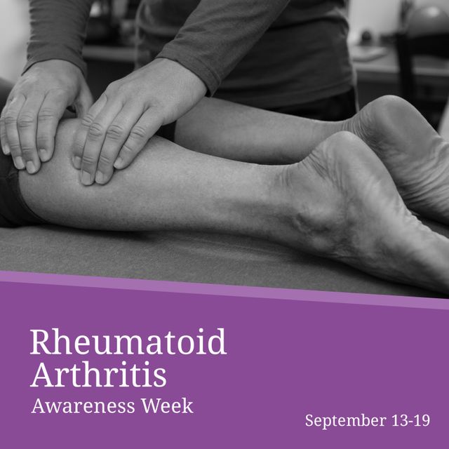 Multiracial man massaging patient's leg and september 13-19, rheumatoid arthritis awareness week. Text, composite, pain, support, disease, joints, autoimmune, healthcare, awareness and prevention.