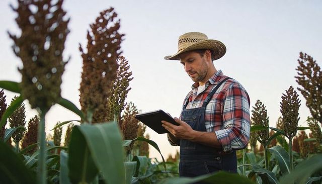 Farmer checking tablet in sorghum field at sunset wearing straw hat and overalls