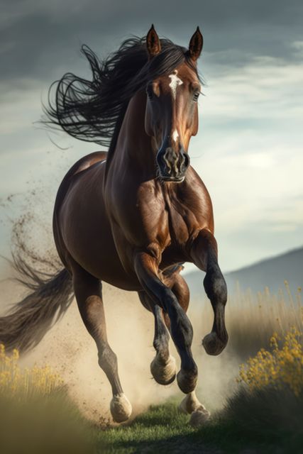 Brown horse running in field, created using generative ai technology - Download Free Stock Photos Pikwizard.com