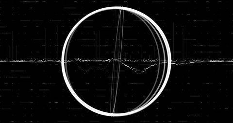 Monochrome digital orbital ring with dotted waveform and geometric data lines