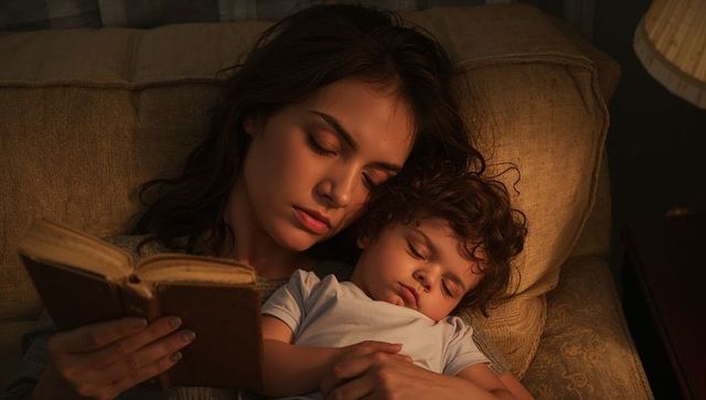 Mother reading while cradling sleeping toddler on cozy sofa under warm lamp light
