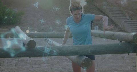 Athletic woman navigating outdoor obstacle course with holographic elements