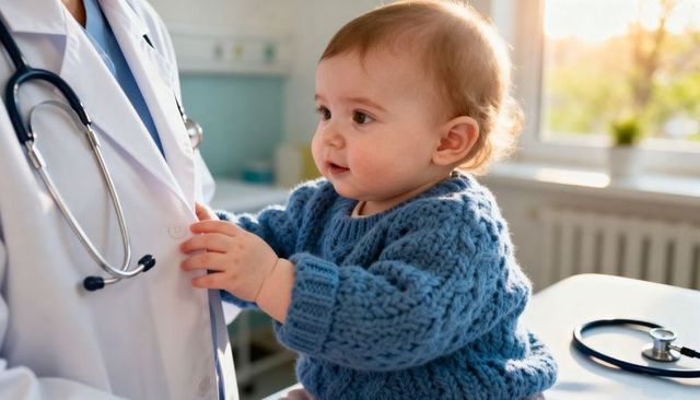 Curious infant reaching for clinician lab coat in sunlit clinic with stethoscope