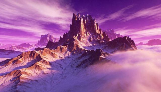 Towering jagged alpine peak rising over mist-filled valley with purple sky and snow