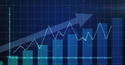 Neon Finance Dashboard Showing Rising Bar Charts, Jagged Line Trends and Upward Arrow