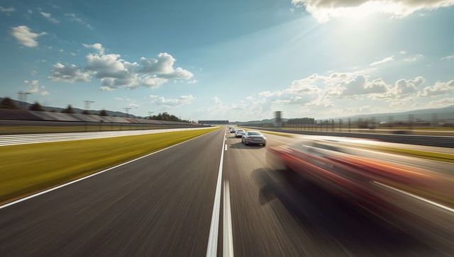 Racing cars speeding down track under clear sky