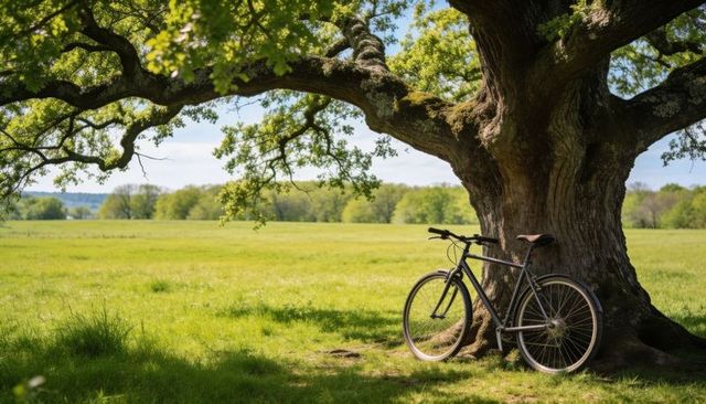 Vintage bicycle leaning against massive oak tree in sunlit meadow with wide copy space