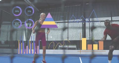 Athletes training with augmented reality analytics overlays on indoor racket court