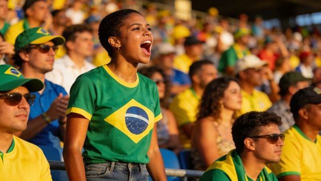 Passionate brazilian fan cheering loudly in stadium wearing brazil flag tee and denim