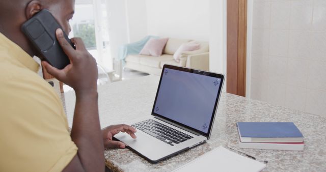 Businessman Working Remotely from Home Office Talking on Phone - Download Free Stock Images Pikwizard.com