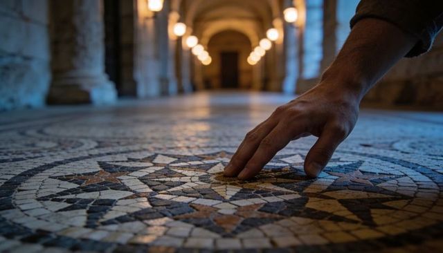 Hand tracing ornate mosaic medallion on historic corridor floor under warm arched lights