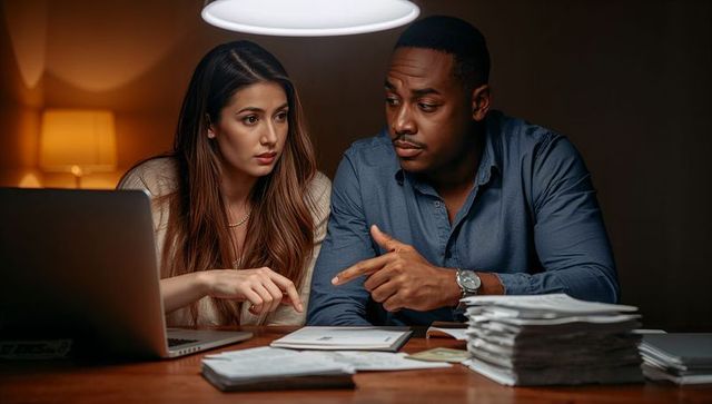 Couple reviewing bills at dining table with laptop and tablet under pendant light