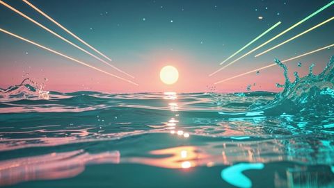Pastel Ocean Fantasy with Sunrise and Light Streaks