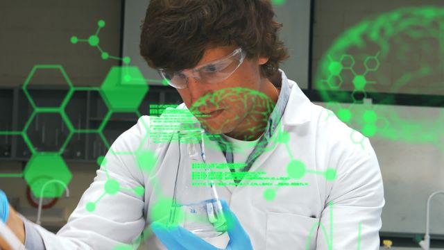 Caucasian male scientist examining a chemical sample in a laboratory. Futuristic green data overlays with scientific elements are visible, suggesting advanced research technology. Ideal for use in educational articles, scientific research publications, technology magazines, and futuristic science fiction content.