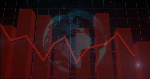 Red financial analytics dashboard with world map and security icons overlay