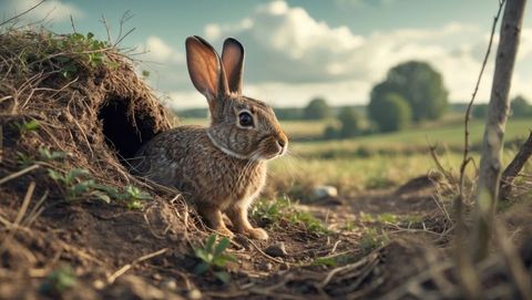 Curious brown cottontail rabbit emerging from burrow in tranquil countryside