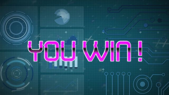 This vibrant digital animation features a 'You Win' text displayed over various data processing and scope scanning elements. Ideal for use in online games, video games, victory screens, social media announcements, or digital reward platforms. The technological background adds a modern and high-tech feel, suitable for use in presentations or promotional materials tailored to tech-savvy audiences.