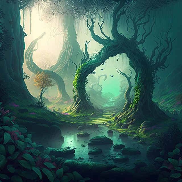 This image features an enchanted forest with an ancient tree archway shrouded in a mystical light. The scene is rich with dense foliage, a serene pathway, and an ethereal atmosphere that evokes a sense of magic and wonder. Ideal for use in fantasy-themed projects, storybook illustrations, or game design, this image transports viewers to a whimsical, otherworldly realm.