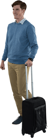 Young Man in Casual Attire Holding Roller Luggage on Transparent Background