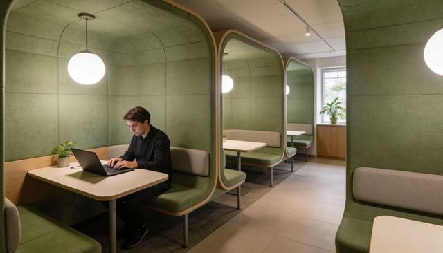 Man working on laptop in green acoustic booths at modern coworking space with pendant lamp