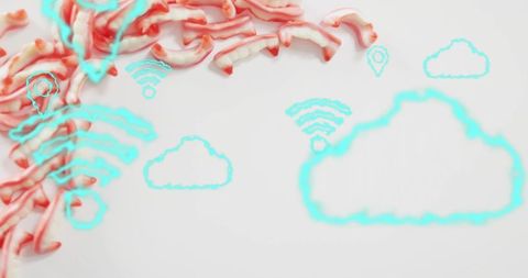 Glowing cyan cloud connectivity with flowing pink ribbons and wifi icons on white
