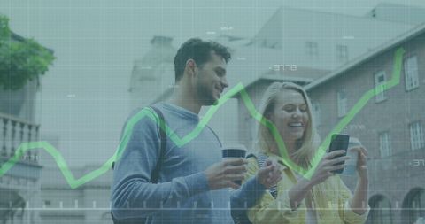 Caucasian Couple Enjoying Coffee with Financial Graphics Overlay - Download Free Stock Images Pikwizard.com