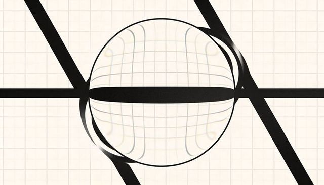 Transparent glass sphere refracting grid with bold black diagonals and curved highlights