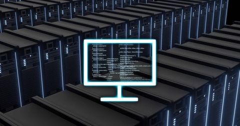 Neon monitor icon displaying code among futuristic blue-lit server rack rows