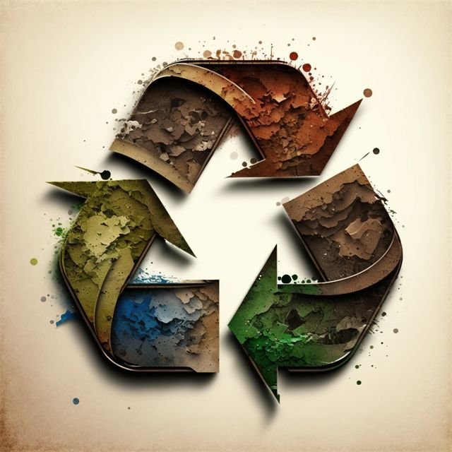 Recycling symbol with colourful paint on yellow background, created using generative ai technology. Recycling and ecology concept digitally generated image.