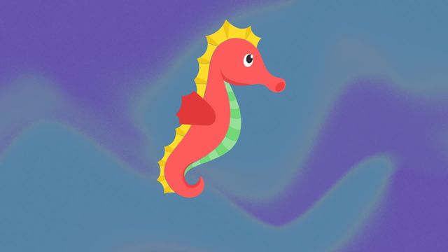 Vibrant cartoon seahorse floats against a dynamic blue and purple gradient backdrop. Perfect for educational marine resources, children's animations or aquaculture-related designs.