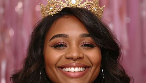 Smiling woman wearing jeweled crown and hoop earrings celebrating glamour on pink fringe