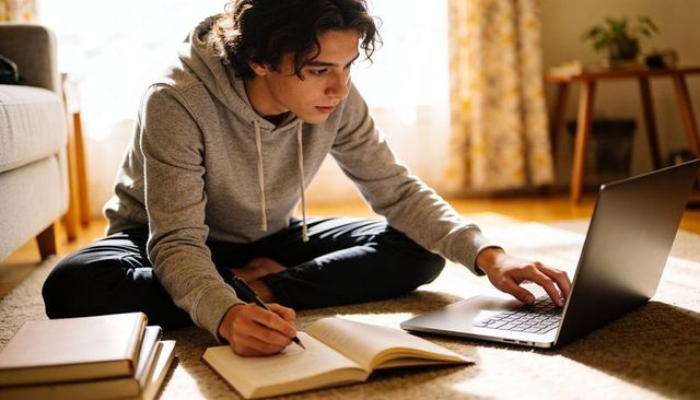 Hispanic male student studying at home on rug with laptop and notebook in sunlit room