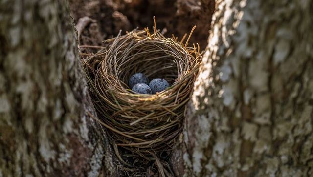 Woven bird nest cradling three speckled eggs between tree trunks soft woodland light macro