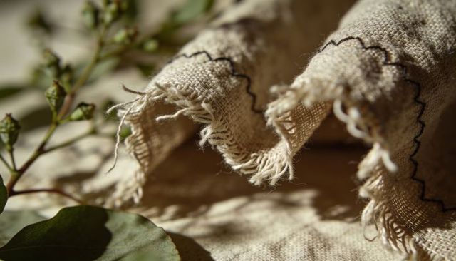 Frayed beige linen with zigzag stitch closeup showing woven texture and loose threads