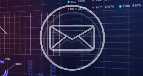 Holographic Envelope Icon Over Financial Stock Market Data Background