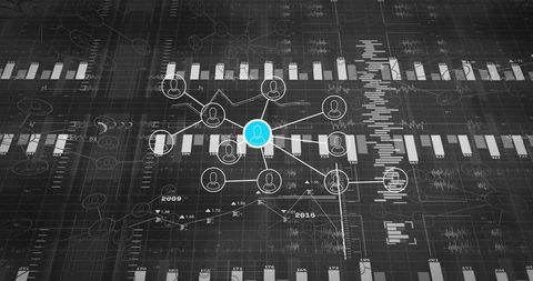 Central user hub connecting network nodes on analytics dashboard with data visualization