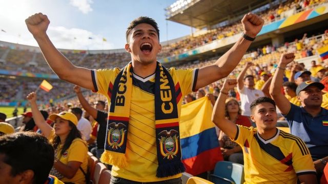 Ecuadorian soccer fans cheering in stadium with yellow jerseys and national flag
