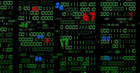 Shifting colored numerals across green binary columns highlighting data flow and cybersecurity